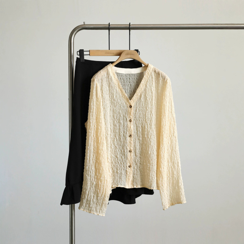 Light and Flowy, Stretchy Silk Bubble Crepe Texture V-Neck Sheer Cardigan Jacket