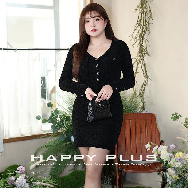 Knitted brace, short dress, hip-accented, plus size, french style