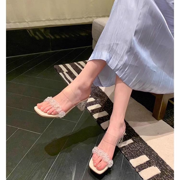 2026 Summer New Style Crystal Heel Transparent Sandals for Women, High-Heeled Slippers, Thick Heel, One-Strap Sandals
