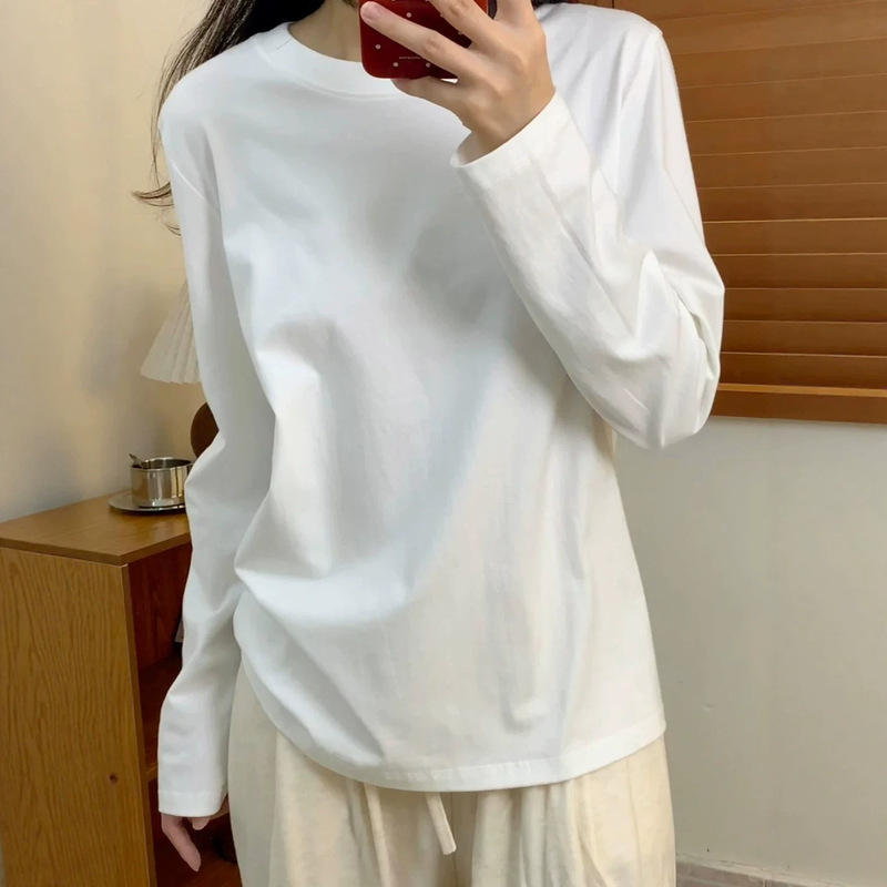 100% pure cotton white long-sleeve T-shirt for women, suitable for early spring, autumn, and winter, basic layering top with regular shoulder design 100% pure cotton white long-sleeve T-shirt for women, suitable for early spring, autumn, and winter, basic layering top with regular shoulder design