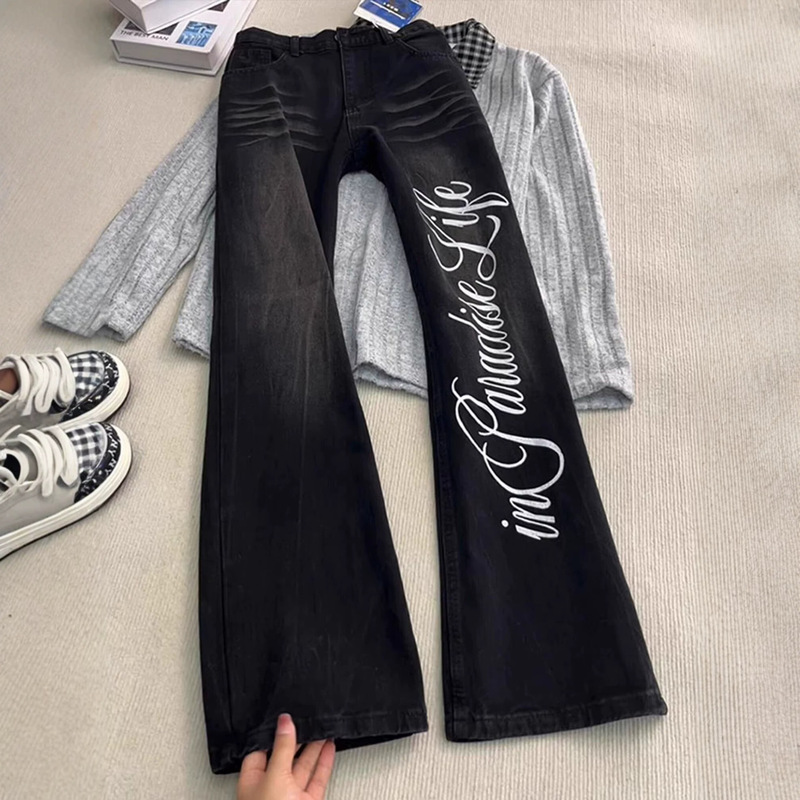 Personalized Letter Design Black Jeans for Women, New Summer High-Waisted Loose Slimming Versatile Straight Wide-Leg Pants Personalized Letter Design Black Jeans for Women, New Summer High-Waisted Loose Slimming Versatile Straight Wide-Leg Pants
