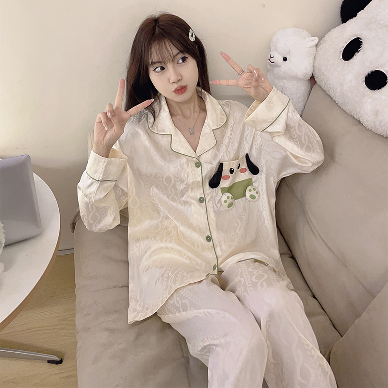 Bolsillo cachorro de dibujos animados pijamas las mujeres solapa seda del hielo cardigan manga larga Otoño e Invierno lindo dulce chica desgaste en casa traje