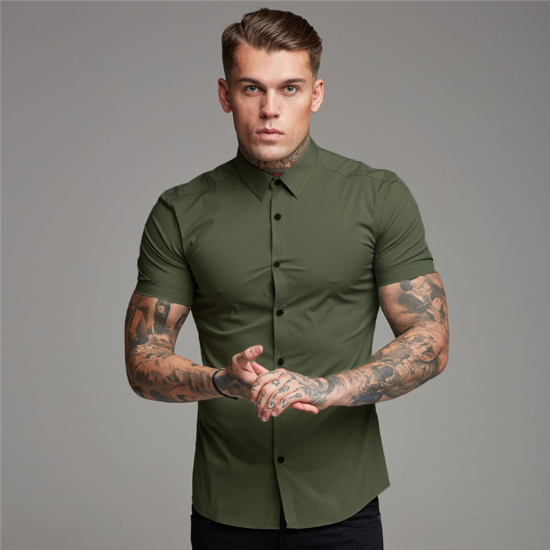 Foreign trade hot summer thin slim lapel fitness shirt men's non-ironing stretch sports short sleeve cardigan T-shirt