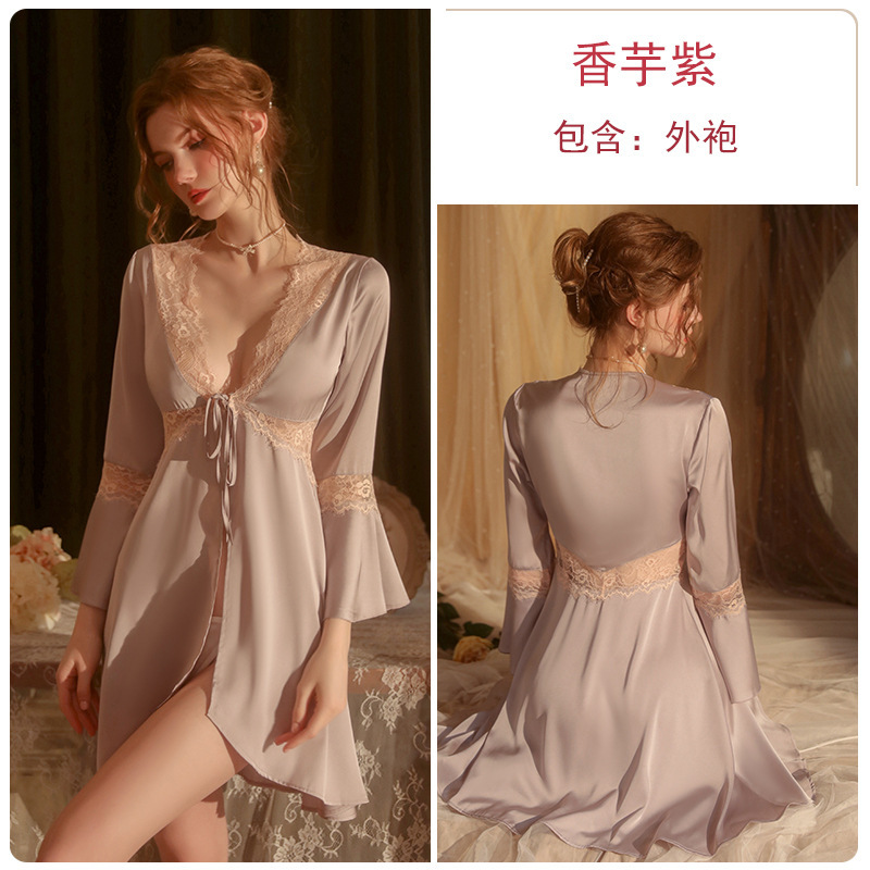 バラ若春夏新作純色パジャマ甘美レースカーディガン帯外衣バスローブ女性家庭服セット1713|undefined