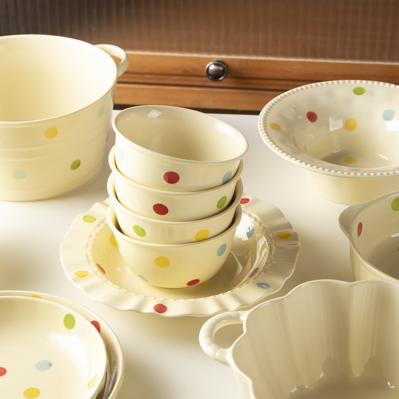 Ins Style Wave Point High Color Value Ceramic Underglaze Color Cream Style Household Pack Couple's Household suit Tableware Combination Ins Style Wave Point High Color Value Ceramic Underglaze Color Cream Style Household Pack Couple's Household suit Tableware Combination