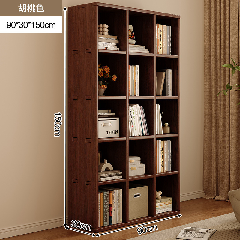 Estantería de madera maciza, estantería de pared completa, todo en la parte superior, sala de estar, color nogal, pared completa, vitrina para el hogar