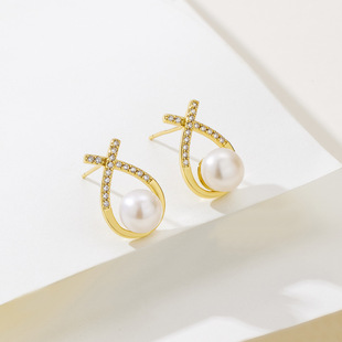 Factory direct supply fresh water pearl cross letter earrings Women's Light luxury micro inlay earrings Joker autumn and winter earrings wholesale
