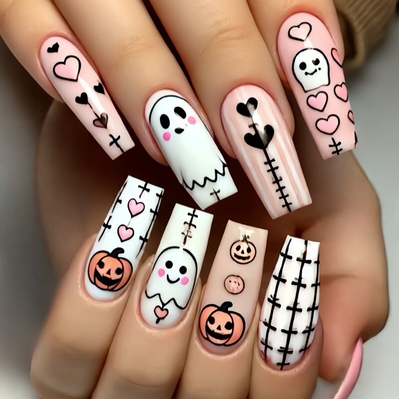 Ghost Pumpkin Pink Heart Stitching Plaid Halloween Fake Nails 24 Pieces European and American Fashion Wearable Nails