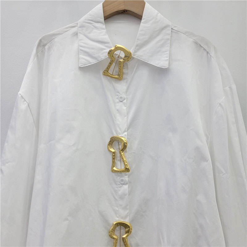 Ingeniería pesada simple camisa de manga larga de color sólido para mujeres 2026 primavera nuevo diseño de hebilla metálica blusa suelta image 3