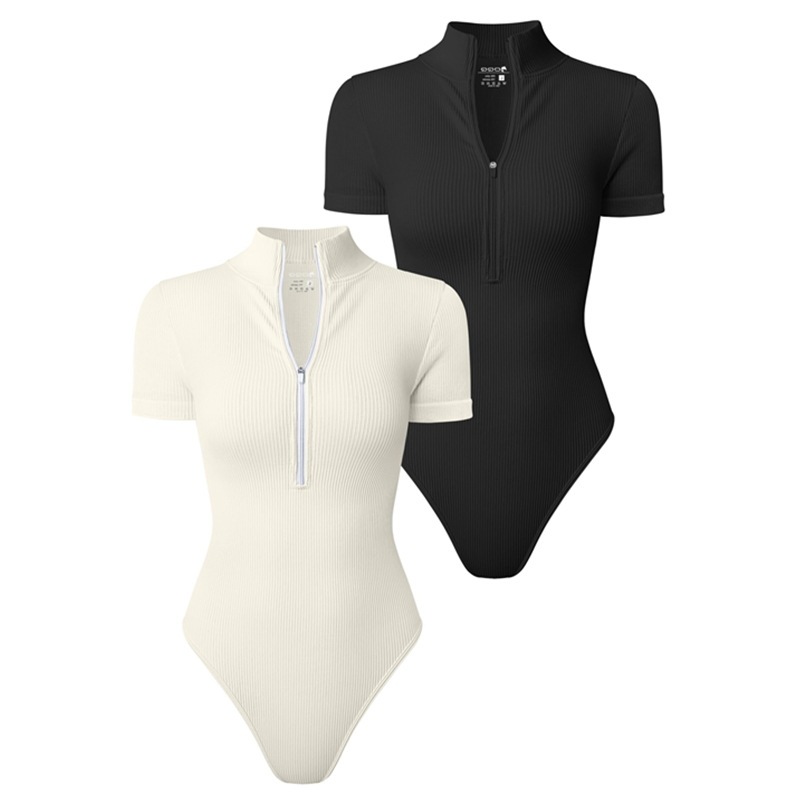 Amazon Cross-Border Women's Jumpsuit Sexy Ribbed One-Piece Short-Sleeved Front Zipper Triangle Jumpsuit