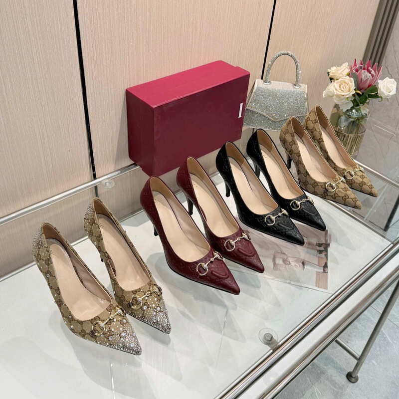 Authentic 2026 New Model Metal Horsebit Double g Monogram Pointed Toe Stiletto Heels for Women, Cross-Border High-Heeled Elegant Shoes