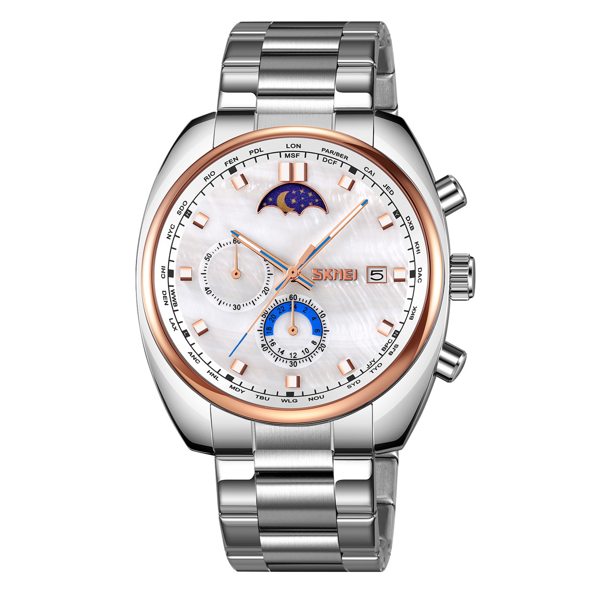 Momento transfronterizo multifuncional reloj de hombre nocturna impermeable reloj de cuarzo fase lunar fuente de fábrica mayorista