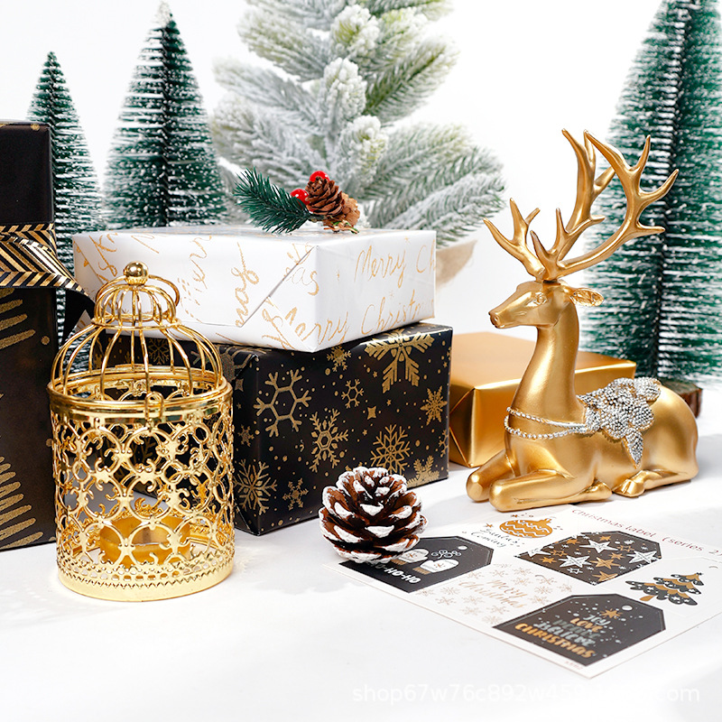 Rollo de papel de regalo de Navidad transfronterizo paquete de tubo de papel de regalo de árbol de Navidad de copo de nieve de oro negro rollo de gran tamaño sentido avanzado