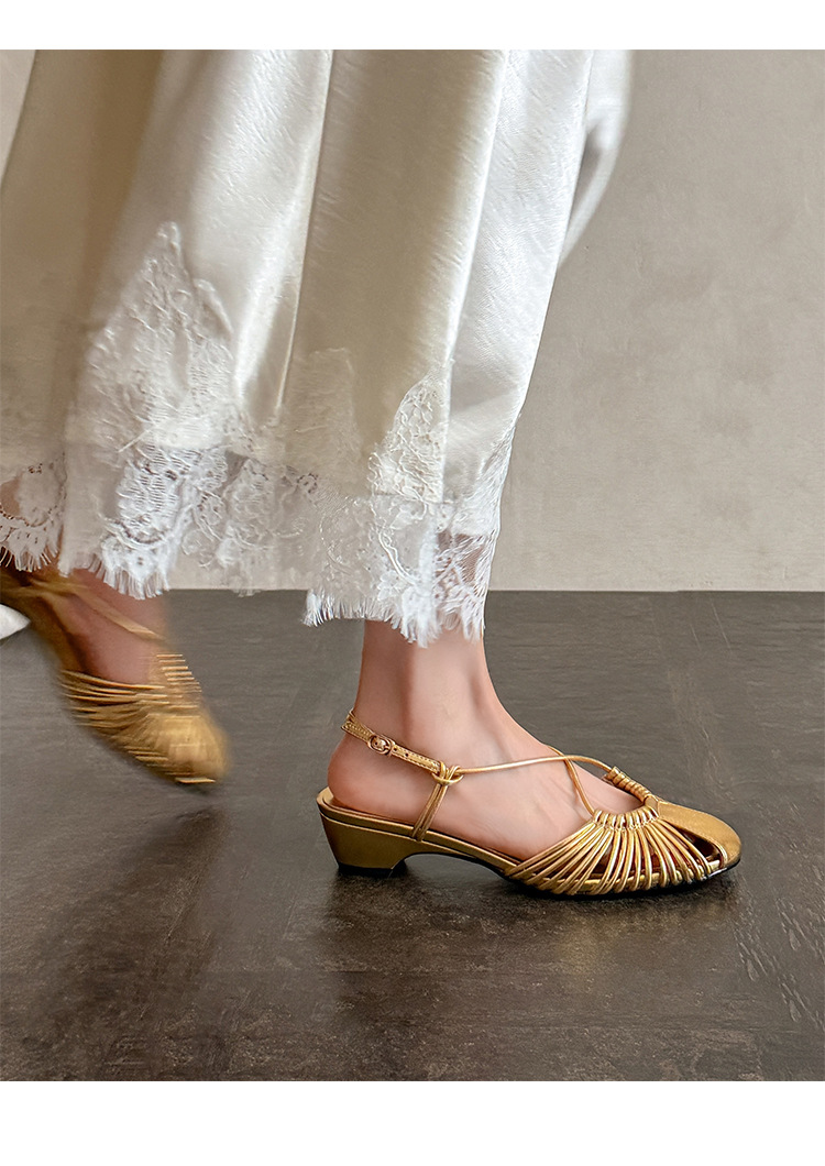 Sandal nữ quai mảnh buộc chéo gót trung bình phong cách Hàn Quốc — màu nâu chi tiết 17