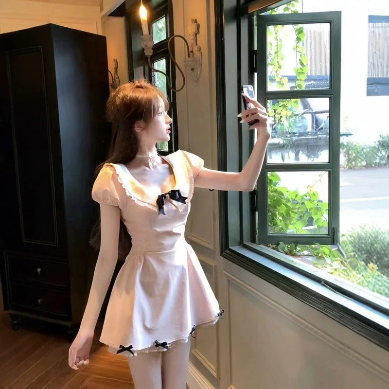 Hot Love Daughter Style Short Skirt Summer Waist Slimming Design Pure Desire Sweet Bow Temperament Dress for Women Hot Love Daughter Style Short Skirt Summer Waist Slimming Design Pure Desire Sweet Bow Temperament Dress for Women