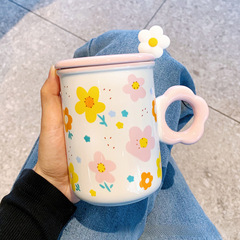 高顏值花朵陶瓷杯子帶蓋帶勺子女生家用水杯馬克杯辦公室咖啡茶杯