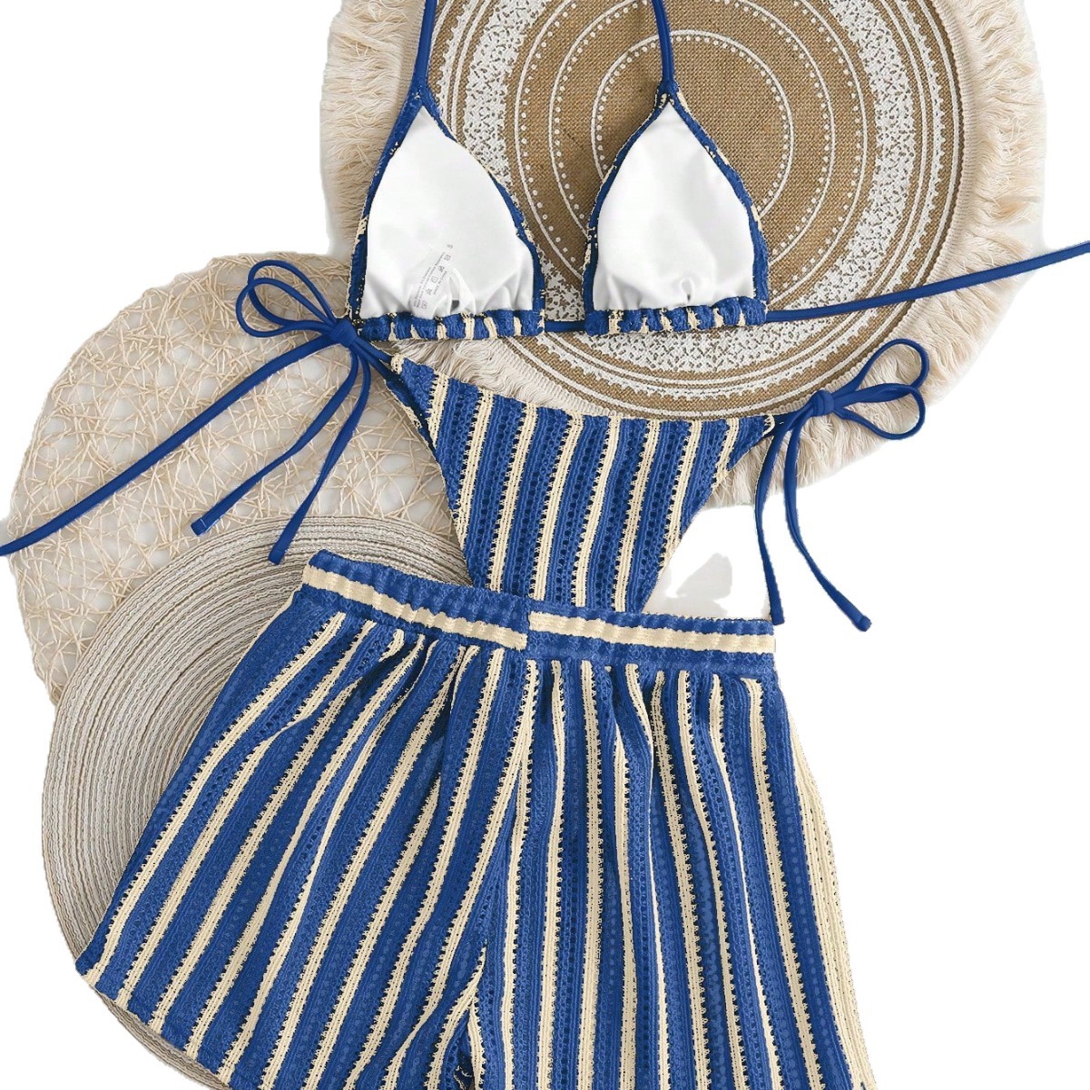 Costume da bagno da donna in tre pezzi lavorato a maglia con bordo incrociato, in pizzo e a righe, stile bohémien_voghion.com