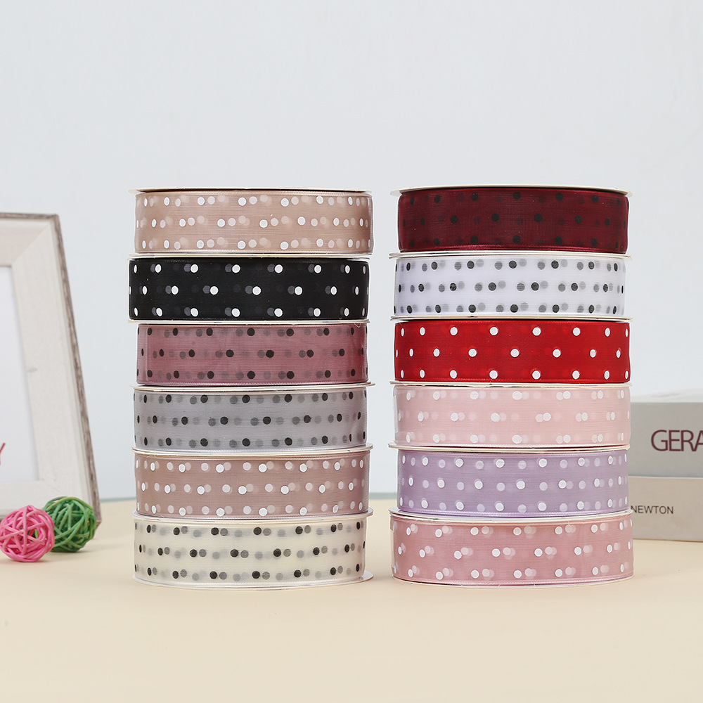 2,5 cm Polka Dot hilo transparente impresión cinta flores floral caja de regalo embalaje con puntos organza fábrica al por mayor