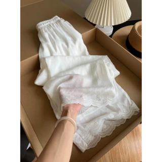 法式花边刺绣白色亚麻休闲直筒裤女2026夏新款轻薄透气垂感阔腿裤