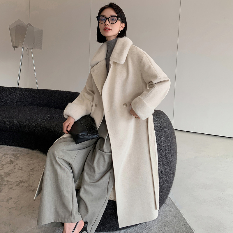 High-grade Mink Fur Collar Double-sided Cashmere Coat Long Double-breasted High-end Wool Coat Women's Goose Down Liner High-grade Mink Fur Collar Double-sided Cashmere Coat Long Double-breasted High-end Wool Coat Women's Goose Down Liner