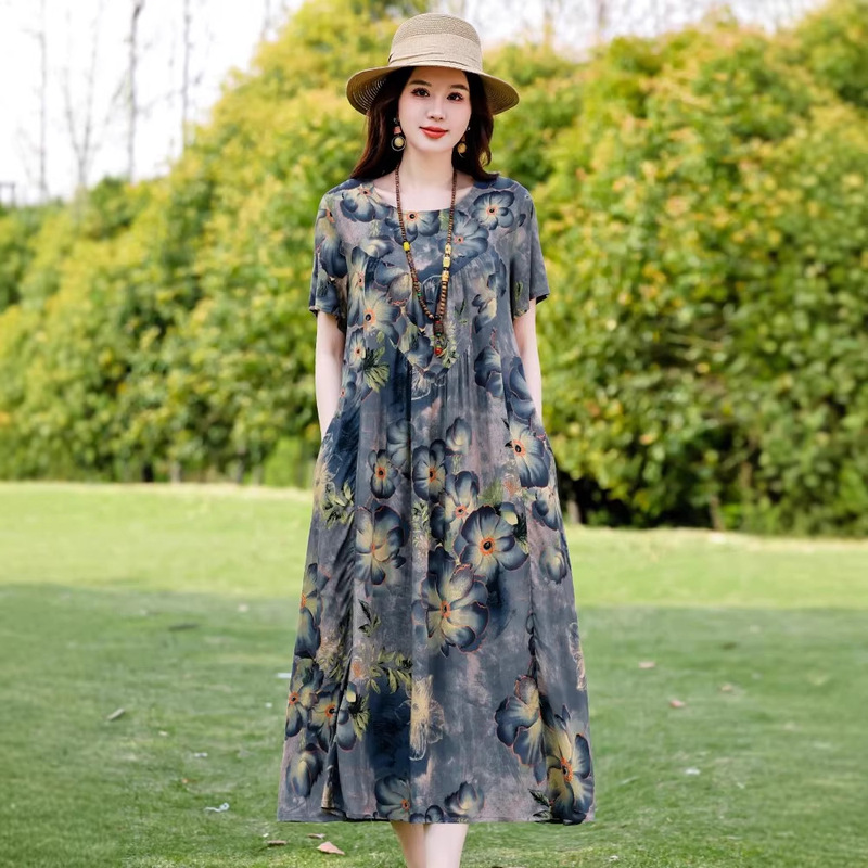 Plus-Size Mom's Clothing, Extra-Large Cotton Silk Dress for Middle-Aged and Elderly Women, Summer Short-Sleeve Mid-Length Floral Dress Plus-Size Mom's Clothing, Extra-Large Cotton Silk Dress for Middle-Aged and Elderly Women, Summer Short-Sleeve Mid-Length Floral Dress