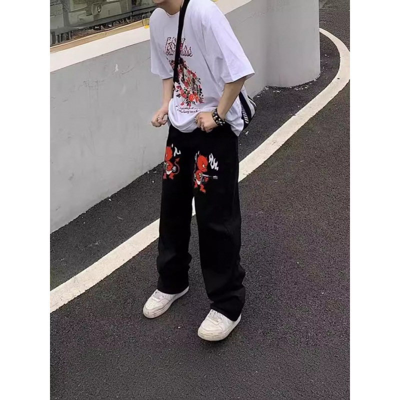 Y2K Hip-Hop Devil Print Oversized Jeans Men's New Fashion Casual Harajuku Loose Straight Pants in Stock Y2K Hip-Hop Devil Print Oversized Jeans Men's New Fashion Casual Harajuku Loose Straight Pants in Stock