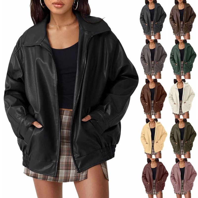 2024 European and American Cross-border New Women's Oversized Leather Motorcycle Jacket Autumn and Winter Fashion Loose Long-sleeved Motorcycle Jacket