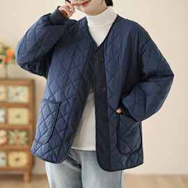 菱形格棉服女冬韩系宽松简约休闲高级感时尚洋气轻薄棉衣