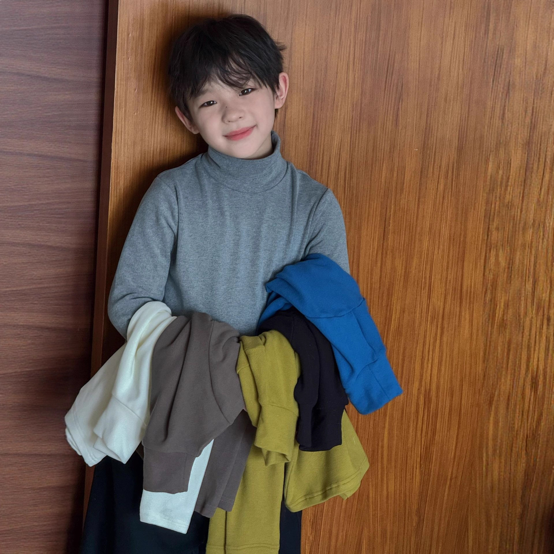 Lanyu 25 Autumn and Winter Korean Children's Clothing for Small and Medium-Sized Children, Boys' Fleece Elastic Pure Color High Collar with Soft Bottoming Shirt
