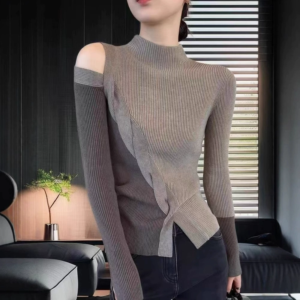 Colored knitted long-sleeve, sweater, high collar, western style