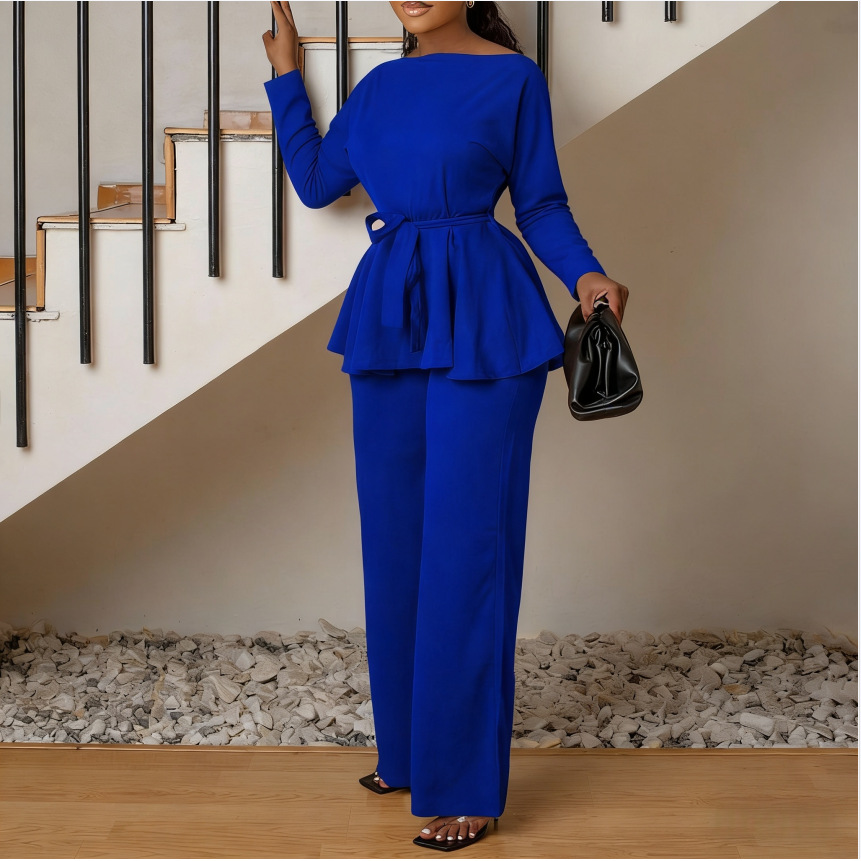2026 European, American, and Southeast Asian Cross-Border New Style Solid Color Long-Sleeve Tie-Up Top High-Waisted Fashion Casual Suit for Women Wholesale