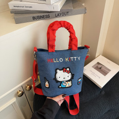 可爱kitty刺绣牛仔包包女休闲复古单肩斜挎包手提日常通勤水桶包
