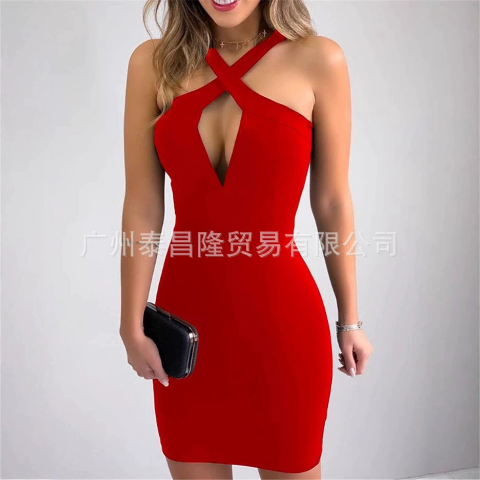 Трансграничная независимая станция Amazon Ebay, взрывы, женское платье без рукавов с перекрестным воротником, сексуальное полое платье с открытой спиной