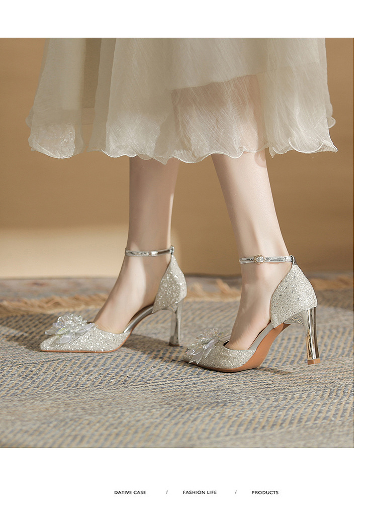 Giày sandal cao gót nữ quai ngang mũi nhọn bạc — Màu bạc chi tiết 9
