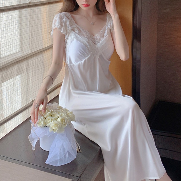 2024 New Style Pajamas Women's Summer Ice Silk Sexy Lace Sling Chest Pad Mid-Skirt Nightdress Pure Desire Style Home Clothes