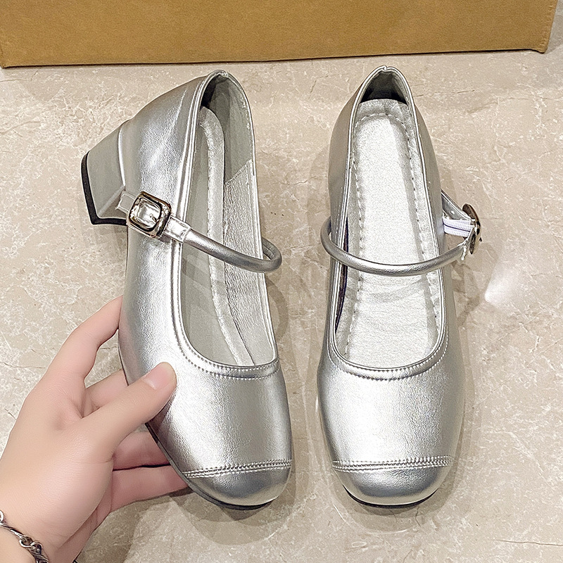 French silver Small Leather Shoes Women's 2025 New Style Thick Heel All-Match Gentle Style Dress Square Toe Mary Jane Single Shoes
