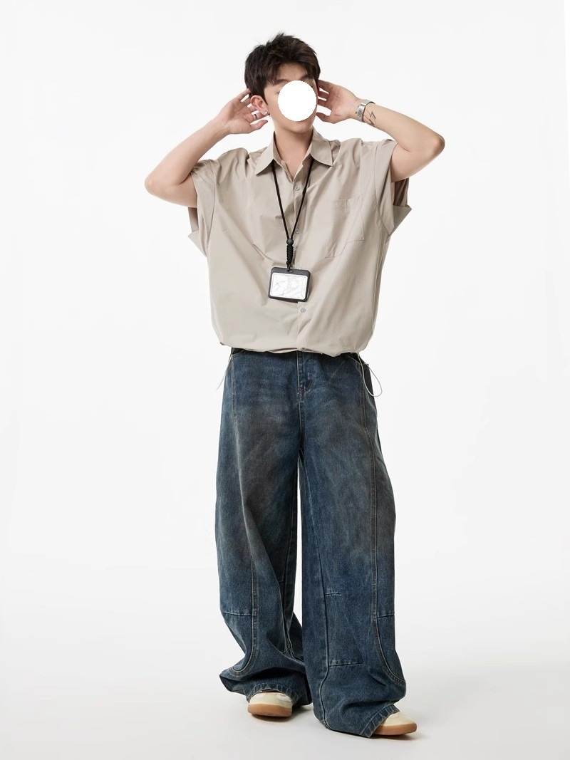Khaki Tooling Shirt Short-sleeved Men's Summer American Simple Loose Lapel Shirt Drawstring Design Couple Inch Clothes Tide_viptrois.com