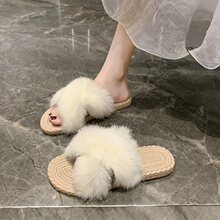 2024新款夏季网红女款夏天外穿防滑外出超火沙滩毛绒平底毛毛拖鞋
