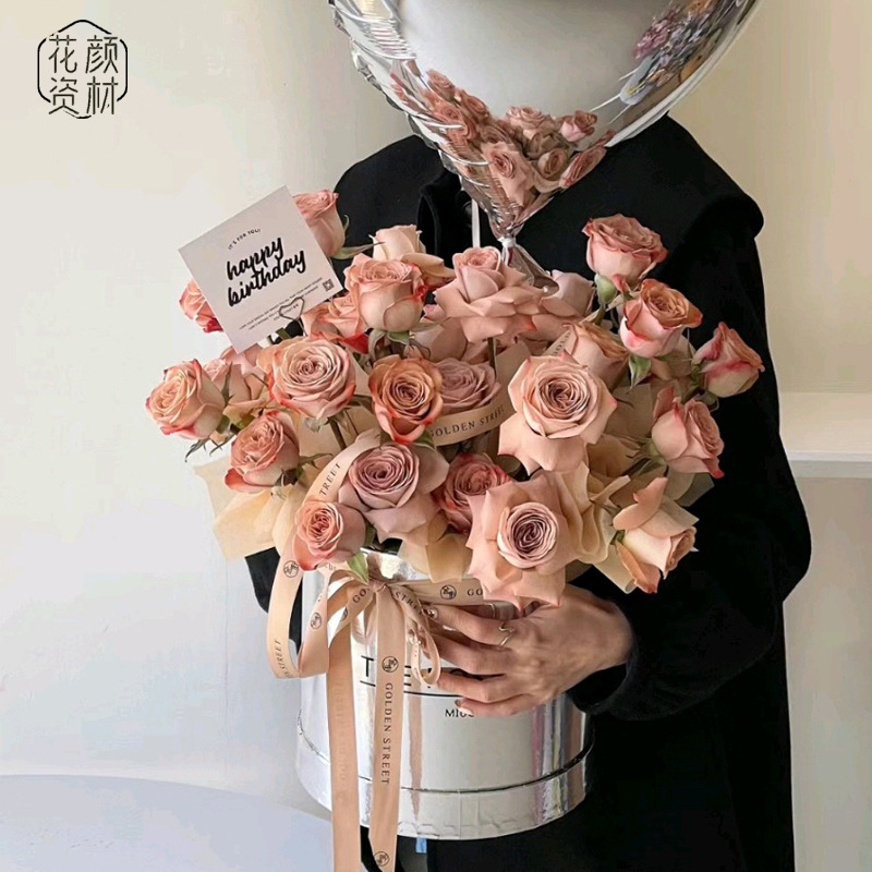 情人节银色套二圆形鲜花抱抱桶网红草莓花束桶diy材料手工玩偶