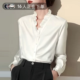 法式白色木耳边v领衬衫西装内搭上衣女长袖春秋新款职业真丝衬衣