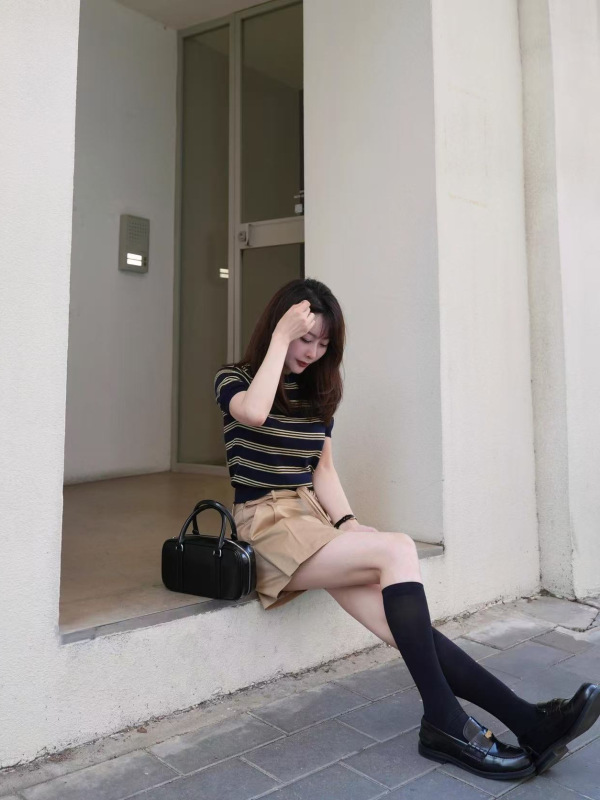 2025夏季新款韩版气质polo领短袖条纹上衣女百搭显瘦工装半裙套装|undefined