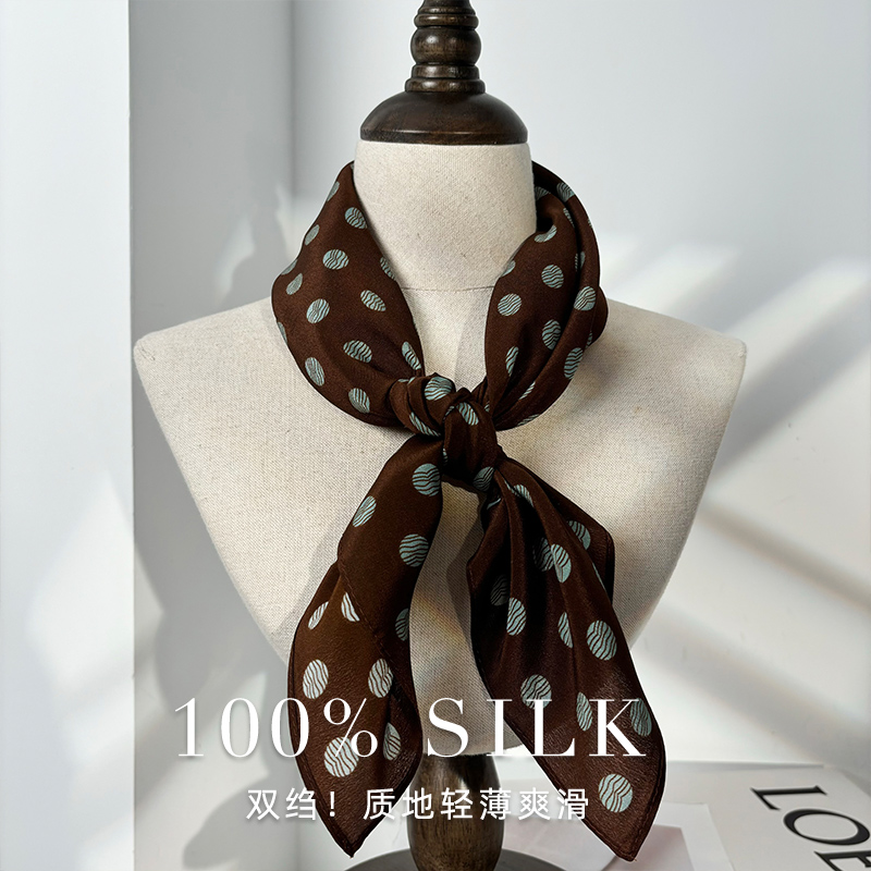 Retro Mocha Brown Silk Scarf Double Crepe Small Square Scarf 100% Mulberry Silk Luxury Neck Tie For Women Summer New Arrival - Thumbnail 4