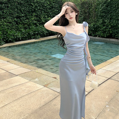 実拍名媛気質サスペンダースカートと花フレンチレトロロマンチックなリゾート風誕生日ドレスウエストワンピース