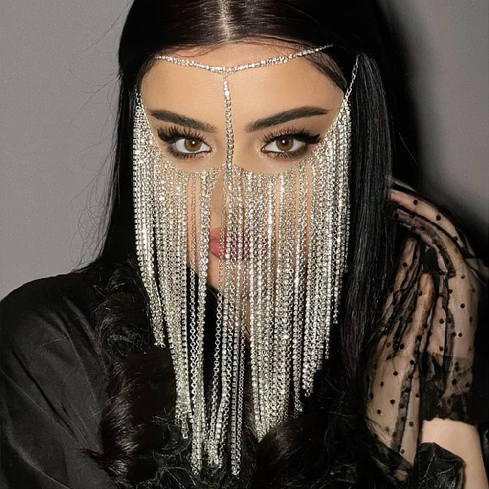 MAC054 Bling Rhinestone Tassel Cover Face Chain Mask4