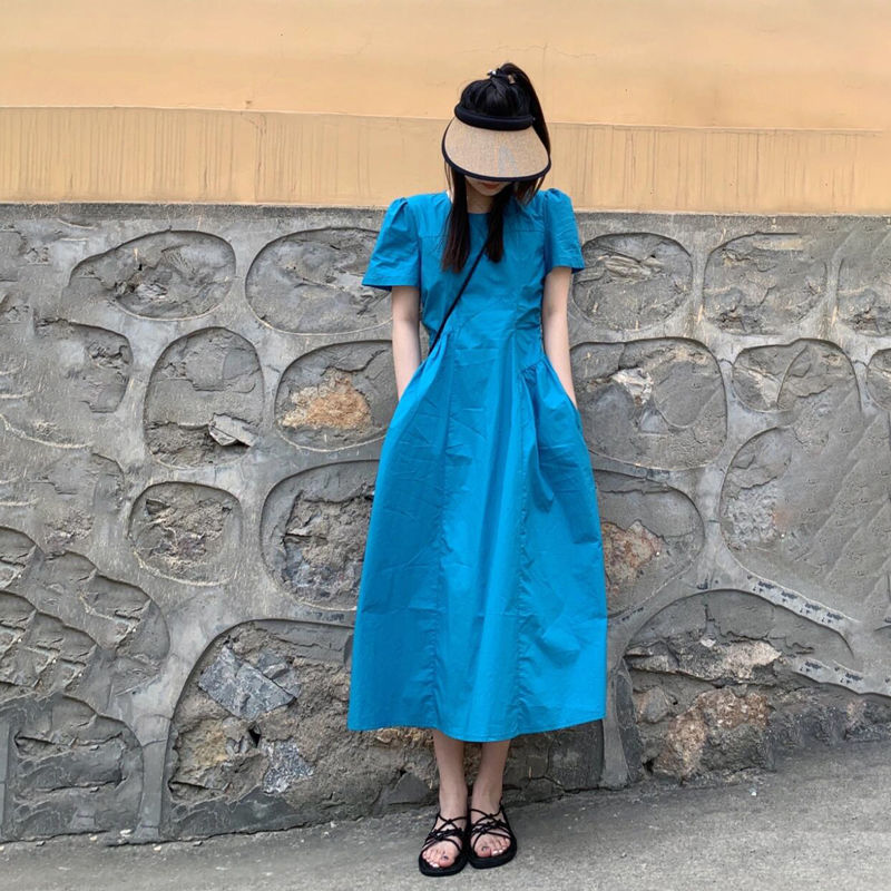 Korean Chic Summer French Style Round Neck Long Skirt with Slim Waist and Pure Color Puff Sleeves Large Hem Dress for Women Korean Chic Summer French Style Round Neck Long Skirt with Slim Waist and Pure Color Puff Sleeves Large Hem Dress for Women