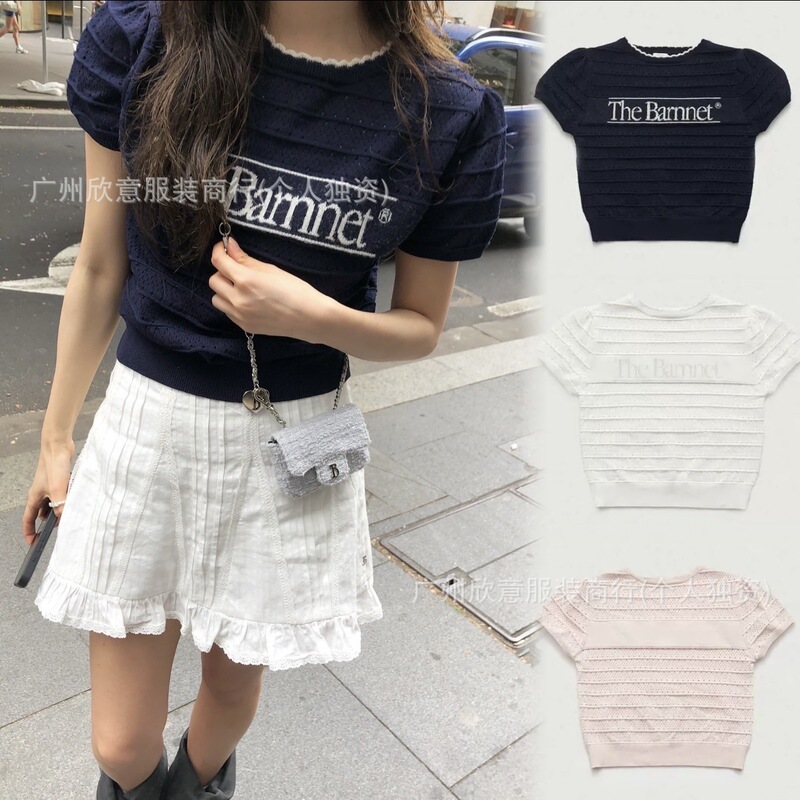 The Barnnet Korean Niche Brand Banaijia's New Letter Jacquard Puff Sleeve Hollow Knit Sweater with Round Neck and Short Sleeves