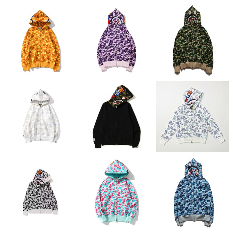 Cross-Border Foreign Trade Dropshipping High-Quality Version Trendy Brand Bape Shark Camouflage Zip-Up Hoodie Jacket