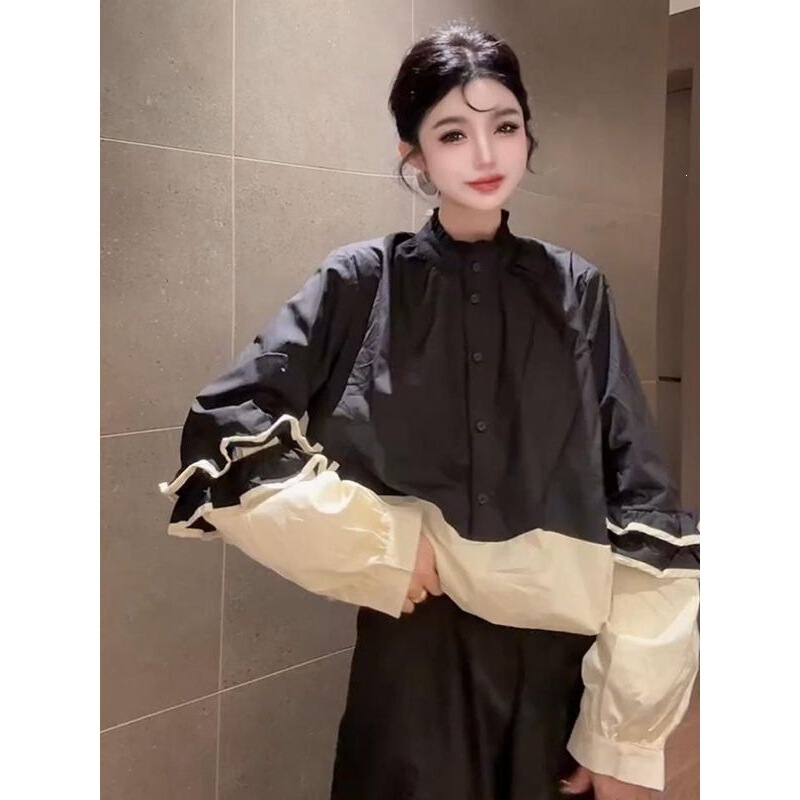2026 Autumn New Style Color-Contrast Ruffle Design Loose Casual Slimming Stand Collar Trendy Long Sleeve Shirt for Women