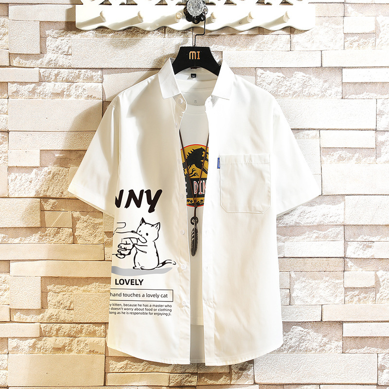 2024 New Men's Short Sleeve Shirt Japanese Trendy Fashion Large Size Cartoon Cat Print Casual Shirt for Men