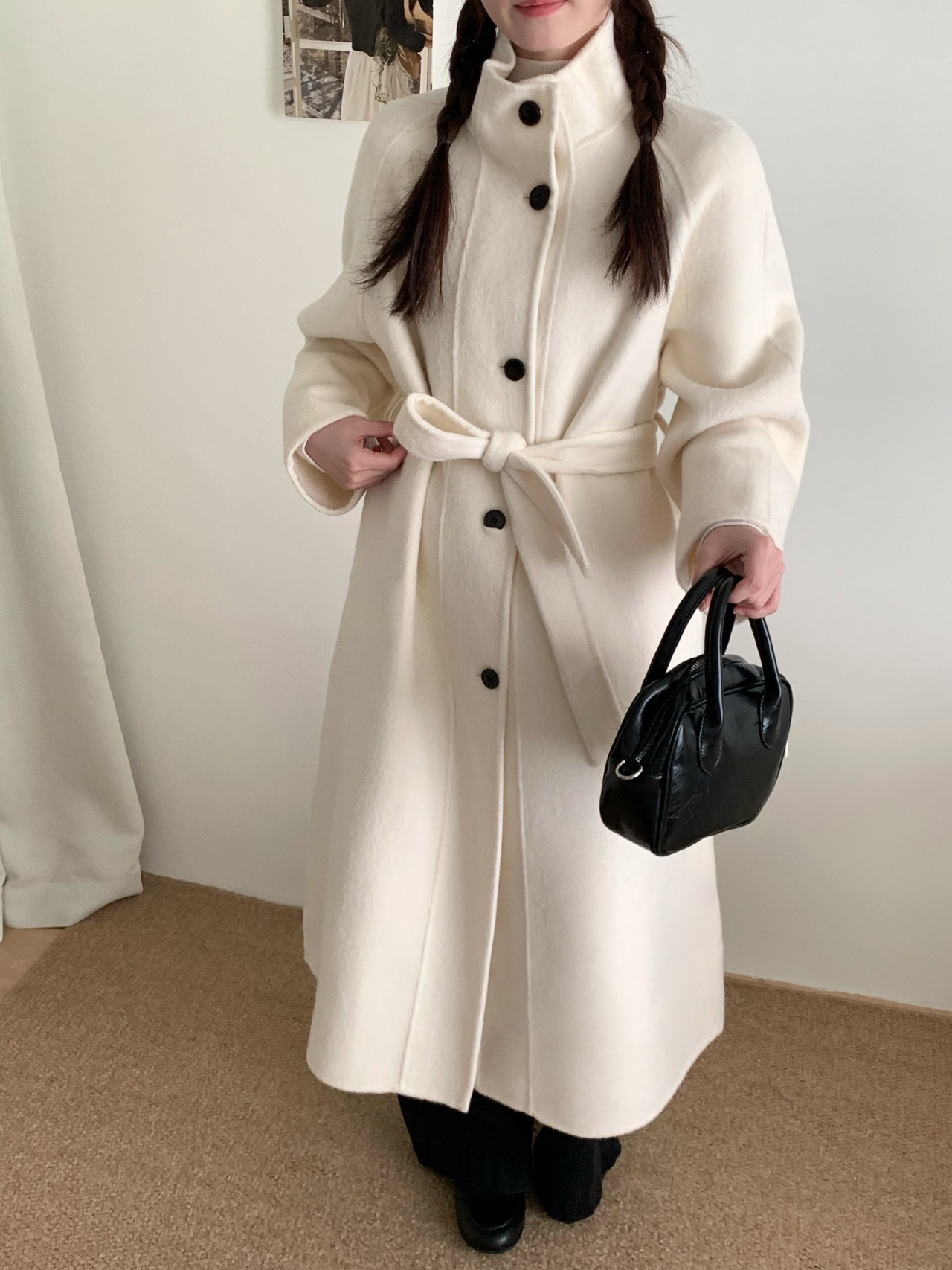 韓国風スタンドカラー新年コート レディース 両面カシミヤウール 25秋冬新作 シングルボタン ロング丈ウールコート レディース